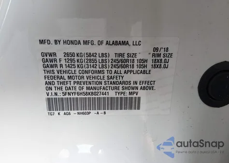 2019 Honda Pilot Ex-L z USA, uszkodzony, nr VIN 5FNYF6H58KB027441